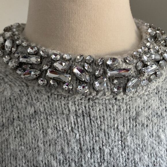 J. CREW Embellished Pullover Sweater Womens Sz Medium Grey Rhinestone Holiday - Picture 3 of 6